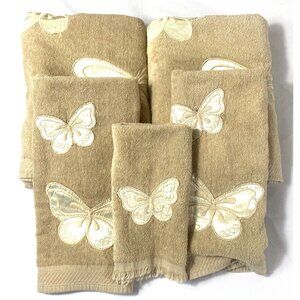 Set of 5 Vintage Beige Butterfly Applique Embroidered Bath Towel Set Made in USA